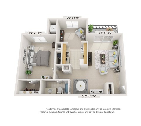 Floor plan for 1 bed, 1 bath, 829 sqft